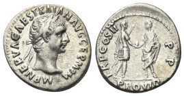 Traianus (98 - 117 n. Chr.).

Denar (Silber). 98 - 99 n. Chr. Rom.
Vs: IMP NERVA CAES TRAIAN AVG GERM P M. Kopf mit Lorbeerkranz rechts.
Rs: TR P ...