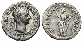 Traianus (98 - 117 n. Chr.).

 Denar (Silber). 98 - 99 n. Chr. Rom.
Vs: IMP CAES NERVA TRAIAN AVG GERM. Kopf mit Lorbeerkranz rechts.
Rs: PONT MAX...