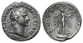 Traianus (98 - 117 n. Chr.).

 Denar (Silber). 102 n. Chr. Rom.
Vs: IMP CAES NERVA TRAIAN AVG GERM. Kopf mit Lorbeerkranz rechts.
Rs: P M TR P COS...
