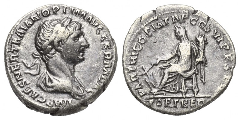 Traianus (98 - 117 n. Chr.).

 Denar (Silber). 114 - 117 n. Chr. Rom.
Vs: IMP...