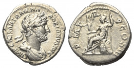 Hadrianus (117 - 138 n. Chr.).

 Denar (Silber). 123 n. Chr. Rom.
Vs: IMP CAESAR TRAIAN HADRIANVS AVG. Büste mit Lorbeerkranz und Drapierung rechts...