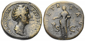 Faustina I. (gest. 141 n. Chr.).

 Sesterz. Nach 141 n. Chr. Rom.
Vs: DIVA AVGVSTA FAVSTINA. Drapierte Büste rechts.
Rs: PIETAS AVG. Pietas mit We...