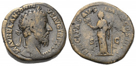 Marcus Aurelius (161 - 180 n. Chr.).

 Sesterz. 179 n. Chr. Rom.
Vs: M AVREL ANTONINVS AVG TR P XXXIII. Kopf mit Lorbeerkranz rechts.
Rs: FELICITA...