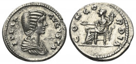 Iulia Domna (gest. 217 n. Chr.).

 Denar (Silber). 196 - 211 n. Chr. Laodicea ad Mare.
Vs: IVLIA AVGVSTA. Drapierte Büste rechts.
Rs: CONCORDIA. C...