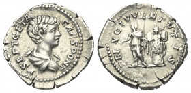 Geta (209 - 211 n. Chr.).

 Denar (Silber). 200 n. Chr. Rom.
Vs: P SEPT GETA CAES PONT. Büste mit Paludament rechts.
Rs: PRINC IVVENTVTIS. Geta mi...