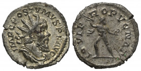 Postumus (260 - 269 n. Chr.).

 Antoninian (Silber). 262 n. Chr. Trier.
Vs: IMP C POSTVMVS P F AVG. Gepanzerte, drapierte Büste mit Strahlenkrone r...