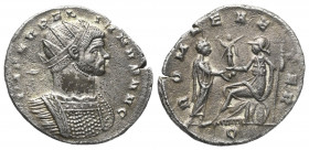 Aurelianus (270 - 275 n. Chr.).

 Antoninian. 271 - 272 n. Chr. Mediolanum.
Vs: IMP AVRELIANVS AVG. Büste mit Strahlenkrone und Panzer rechts.
Rs:...