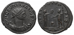 Aurelianus (270 - 275 n. Chr.).

 Antoninian. 274 n. Chr. Antiochia.
Vs: IMP C AVRELIANVS AVG. Gepanzerte Büste mit Strahlenkrone rechts.
Rs: REST...