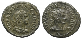 Vabalathus (272 n. Chr.).

 Antoninian (Billon). 272 n. Chr. Antiochia.
Vs: VABALATHVS V C R IM D R. Büste des Vabalathus mit Lorbeerkranz, Diadem,...