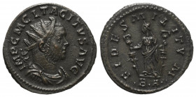 Tacitus (275 - 276 n. Chr.).

 Antoninian. 275 - 276 n. Chr. Lugdunum.
Vs: IMP C M CL TACITVS AVG. Büste mit Strahlenkrone und Panzer rechts.
Rs: ...