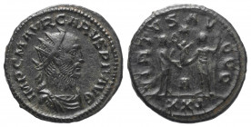 Carus (282 - 283 n. Chr.).

 Antoninian. 283 n. Chr. Siscia.
Vs: IMP C M AVR CARVS P F AVG. Büste mit Strahlenkrone, Paludament und Panzer rechts....
