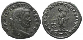 Maximianus I. Herculius (285 - 310 n. Chr.).

 Follis. 303 - 305 n. Chr. Rom.
Vs: MAXIMIANVS NOB CAES. Kopf mit Lorbeerkranz rechts.
Rs: SAC MON V...