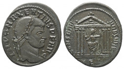 Maxentius (306 - 312 n. Chr.).

 Follis. 310 - 311 n. Chr. Rom.
Vs: IMP C MAXENTIVS P F AVG. Kopf mit Lorbeerkranz rechts.
Rs: CONSERV VRB SVAE / ...
