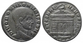 Divus Romulus (309 - 312 n. Chr.).

 Follis. 309 - 312 n. Chr. Ostia.
Vs: DIVO ROMVLO N V BIS CONS. Kopf rechts.
Rs: AETERNAE MEMORIAE / MOSTS. Ku...