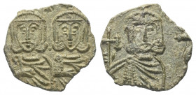 Constantinus V. (741 - 775 n. Chr.) mit Leo IV. und Leo III.

 Follis. 751 - 775 n. Chr. Syrakus.
Vs: Gekrönte Büsten des Constantinus V. und des L...