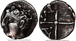 GAUL. Massalia. Ca. 350-150 BC. AR obol (9mm, 8h). NGC Choice VF. Bare head of Apollo left / M-A, ethnic within two spokes of a wheel. SNG Copenhagen ...