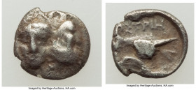 MOESIA. Istrus. 4th century BC. AR hemiobol (9mm, 0.45 gm, 11h). Choice Fine. Facing male heads, the right inverted / IΣTPI-H, sea-eagle left, graspin...