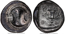 BOEOTIA. Federal Coinage. Ca. 425-375 BC. AR hemidrachm (14mm, 2.49 gm, 12h). NGC Choice AU 5/5 - 3/5. Boeotian shield / Θ-EB, cantharus, club right a...