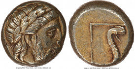 LESBOS. Mytilene. Ca. 377-326 BC. EL sixth-stater or hecte (10mm, 2.59 gm, 1h). NGC AU 3/5 - 4/5. Laureate head of Zeus right / Serpent forepart slith...
