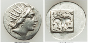 CARIAN ISLANDS. Rhodes. Ca. 88-84 BC. AR drachm (16mm, 1.74 gm, 12h). XF. Plinthophoric standard, Philon, magistrate. Radiate head of Helios right / Φ...