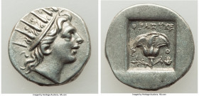 CARIAN ISLANDS. Rhodes. Ca. 88-84 BC. AR drachm (15mm, 2.31 gm, 12h). XF. Plinthophoric standard, Thrasymedes, magistrate. Radiate head of Helios righ...