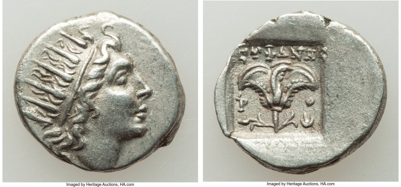 CARIAN ISLANDS. Rhodes. Ca. 88-84 BC. AR drachm (16mm, 2.85 gm, 11h). XF. Plinth...