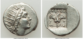 CARIAN ISLANDS. Rhodes. Ca. 88-84 BC. AR drachm (16mm, 2.85 gm, 11h). XF. Plinthophoric standard, Euphanes, magistrate. Radiate head of Helios right /...