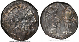 Anonymous. Ca. 211-208 BC. AR victoriatus (15mm, 3.24 gm, 3h). NGC AU 4/5 - 5/5. Luceria. Laureate head of Jupiter right; archaic L (symbol of the Luc...