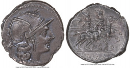C. Scribonius C.f. (ca. 154 BC). AR denarius (19mm, 3.76 gm, 3h). NGC Choice AU 5/5 - 3/5, scuffs. Rome. Head of Roma right, wearing winged helmet dec...
