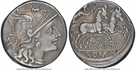 Spurius Afranius (ca. 150 BC). AR denarius (18mm, 3.61 gm, 11h). NGC Choice VF 4/5 - 5/5. Rome. Head of Roma right, wearing winged helmet decorated wi...