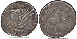 Decimius Flavus (ca. 150 BC). AR denarius (17mm, 3.79 gm, 8h). NGC Choice VF 4/5 - 3/5, edge chip. Rome. Head of Roma right, wearing winged helmet dec...
