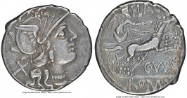 C. Valerius C.f. Flaccus (ca. 140 BC). AR denarius (19mm, 3.78 gm, 9h). NGC Choice VF 5/5 - 4/5. Rome. Head of Roma right, wearing winged helmet decor...