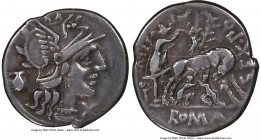 Sextus Pomponius Fostlus (ca. 137 BC). AR denarius (20mm, 3.78 gm, 4h). NGC VF 5/5 - 4/5. Rome. Head of Roma right, wearing winged helmet decorated wi...