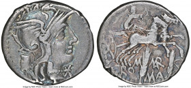M. Marcius Mn.f. (ca. 134 BC). AR denarius (18mm, 3.95 gm, 6h). NGC VF 5/5 - 4/5. Rome. Head of Roma right, wearing winged helmet decorated with griff...