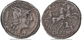 Cn. Domitius Ahenobarbus (ca. 128 BC). AR denarius (19mm, 3.76 gm, 1h). NGC Choice VF 4/5 - 2/5, edge marks. Rome. Head of Roma right, wearing winged ...