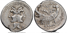 C. Fonteius (ca. 114/3 BC). AR denarius (20mm, 12h). NGC Choice VF. Rome. Laureate janiform heads of the Dioscuri (?); E to left, barred X (mark of va...