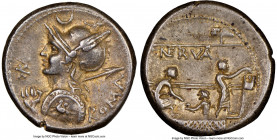 P. Licinius Nerva (ca. 113-112 BC). AR denarius (18mm, 3.85 gm, 3h). NGC Choice XF S 4/5 - 4/5. Rome. ROMA, bust of Roma left wearing helmet decorated...