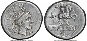 L. Philippus (ca. 113-112 BC). AR denarius (19mm, 3.89 gm, 7h). NGC Choice VF 4/5 - 3/5, brushed. Rome. ROMA in monogram, head of Philip V of Macedon ...