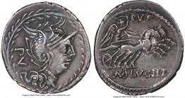 M. Lucilius Rufus (ca. 101 BC). AR denarius (21mm, 3.98 gm, 1h). NGC Choice VF S 5/5 -5/5. Rome. Head of Roma right, wearing winged helmet decorated w...