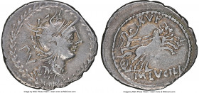 M. Lucilius Rufus (ca. 101 BC). AR denarius (22mm, 3.86 gm, 12h). NGC VF 5/5 - 3/5, bankers marks. Rome. Head of Roma right, wearing winged helmet dec...