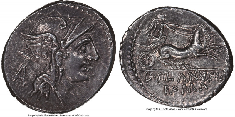 D. Silanus L.f. (ca. 91 BC). AR denarius (19mm, 3.88 gm, 7h). NGC Choice AU 4/5 ...