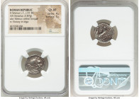 D. Silanus L.f. (ca. 91 BC). AR denarius (18mm, 3.87 gm, 5h). NGC Choice XF 4/5 - 5/5. Rome. Mask of Silenus to right; plough below; all within orname...
