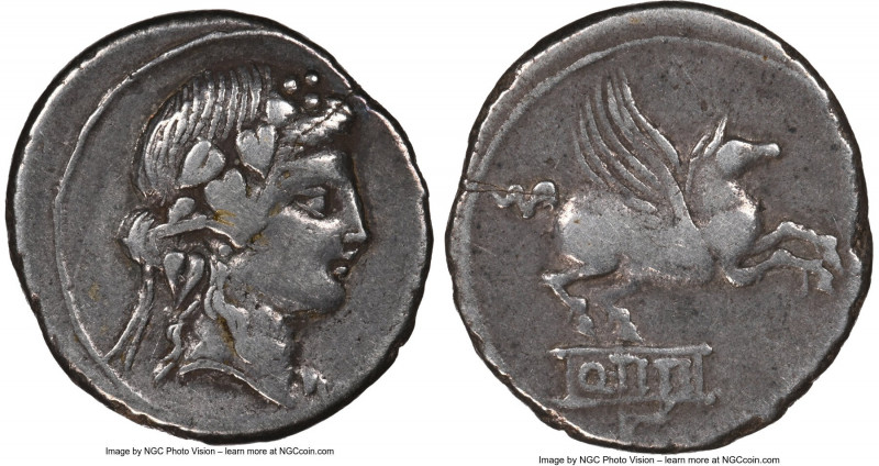 Q. Titius (90 BC). AR denarius (19mm, 3.90 gm, 1h). NGC VF 5/5 - 3/5. Rome. Head...