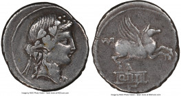 Q. Titius (90 BC). AR denarius (19mm, 3.90 gm, 1h). NGC VF 5/5 - 3/5. Rome. Head of Liber right, wearing ivy wreath, linear border / Q•TITI, Pegasus s...