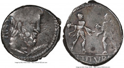 L. Titurius L.f. Sabinus (ca. 89 BC). AR denarius (18mm, 3.75 gm, 10h). NGC Choice VF 2/5 - 3/5. Rome. SABIN, bearded head of king Tatius right, palm ...