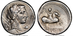 Pub. Crepusius (ca. 82 BC). AR denarius (17mm, 6h). NGC Choice VF. Rome. Laureate head of Apollo right; scepter and uncertain symbol behind, turtle be...