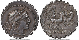 C. Naevius Balbus (79 BC). AR serratus denarius (19mm, 3.95 gm, 5h). NGC AU 4/5 - 5/5. Rome. Head of Venus right, wearing stephane, necklace and earri...