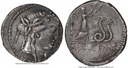 M. Volteius M.f. (78/75 BC). AR denarius (18mm, 3.67 gm, 3h). NGC XF 4/5 - 2/5, edge bend. Rome. Head of Bacchus or Liber right, wearing ivy wreath / ...