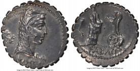 L. Roscius Fabatus (64/59 BC). AR serratus denarius (19mm, 4.04 gm, 5h). NGC Choice AU 4/5 - 4/5. Rome. L ROSCI, head of Juno Sospita right, wearing g...