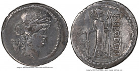 P. Clodius M.f. Turrinus (42 BC). AR denarius (19mm, 3.51 gm, 8h). NGC Choice VF 4/5 - 3/5. Rome. Laureate head of Apollo right; lyre in left field / ...